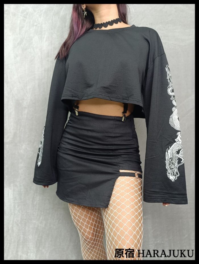 Sweater crop top manga larga con estampado de dragon estilo Harajuku